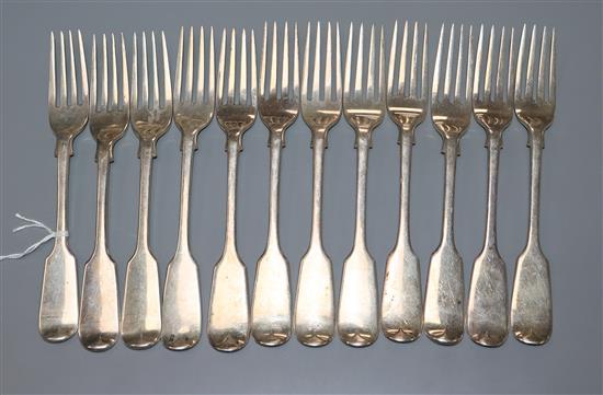 A matched set of twelve Victorian silver dessert forks, London, 1899(8) and London, 1844(4), 17.5 oz.